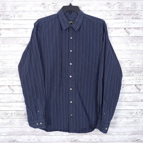 Eddie Bauer Mens Button Up Shirt Tall XL Blue Brown Stripe 717 - Picture 1 of 4